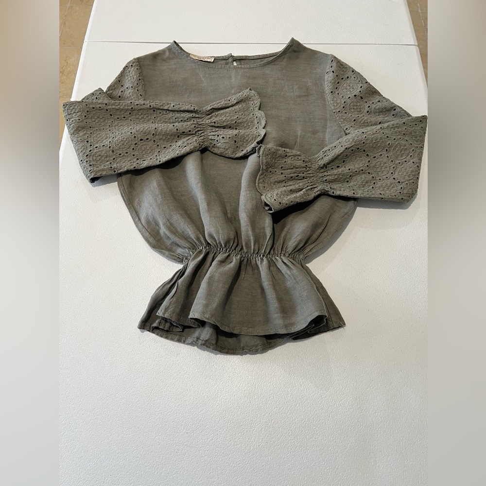 FRANCESCA BETTINI olive Women's Blouse with Lace Sleeves made in ITALY. L - Picture 8 of 10